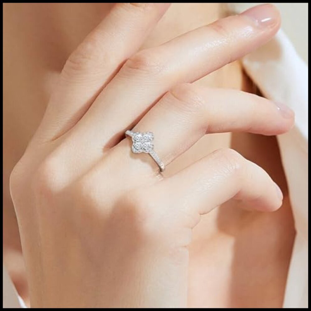 18k White Gold 1.3ct Moissanite Four Leaf Clover Ring 925 Sterling Silver Gift